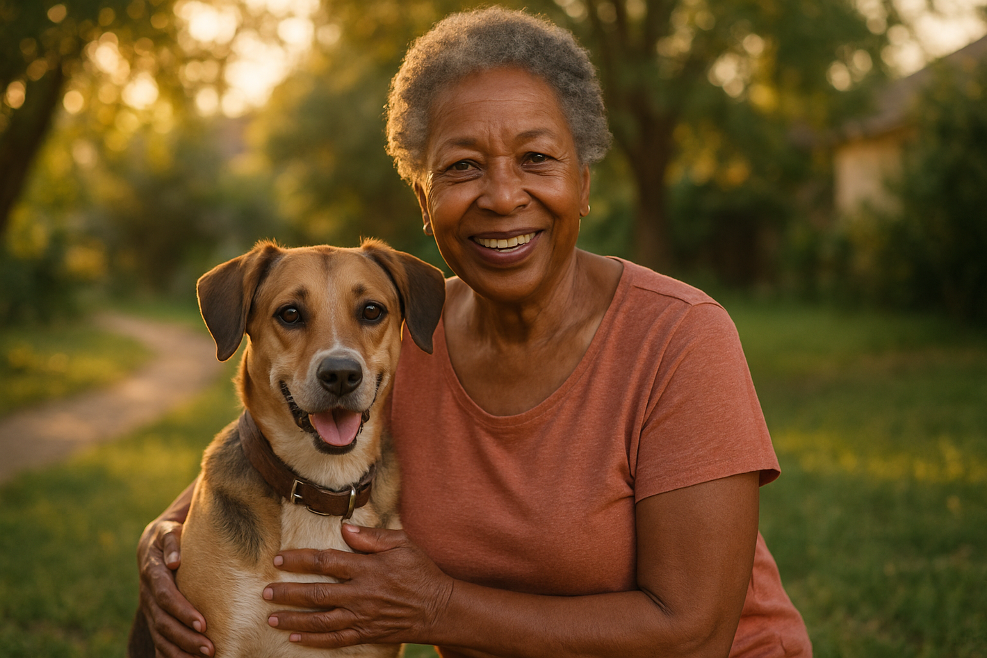 a black woman aged 69 with her dog